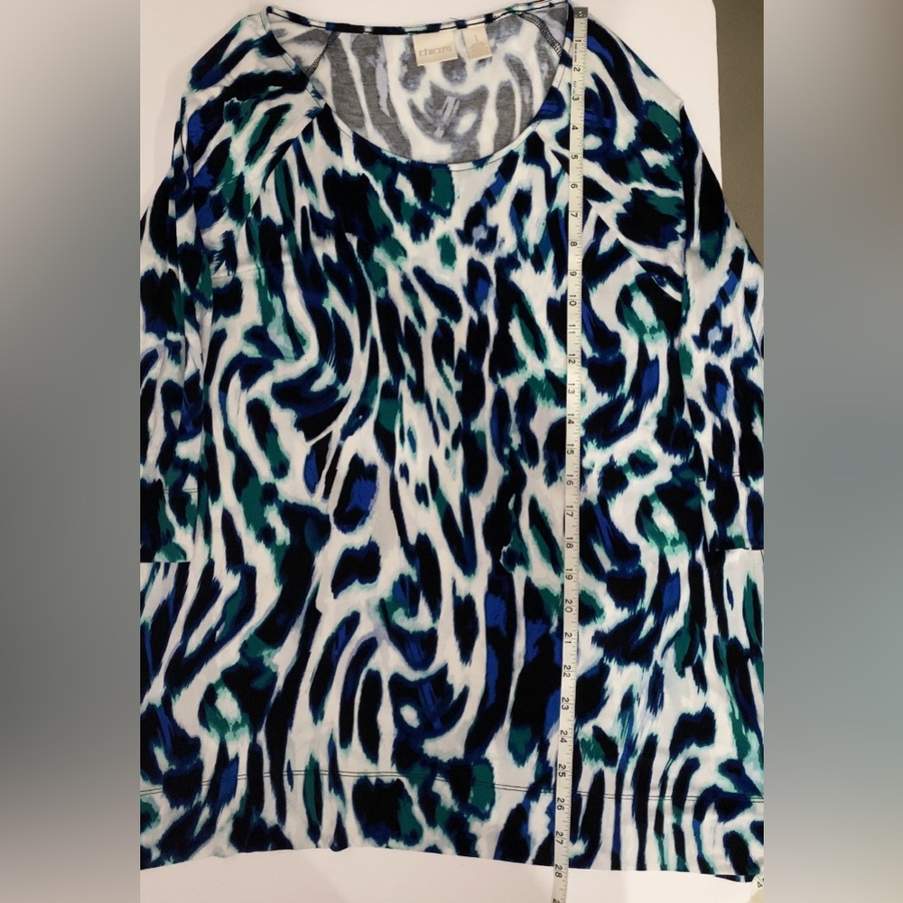Chico's Tunic Top Size 1 Blue Green Round Neck 3/4 Sleeve Asymmetric Hem Stretch - Picture 5 of 7